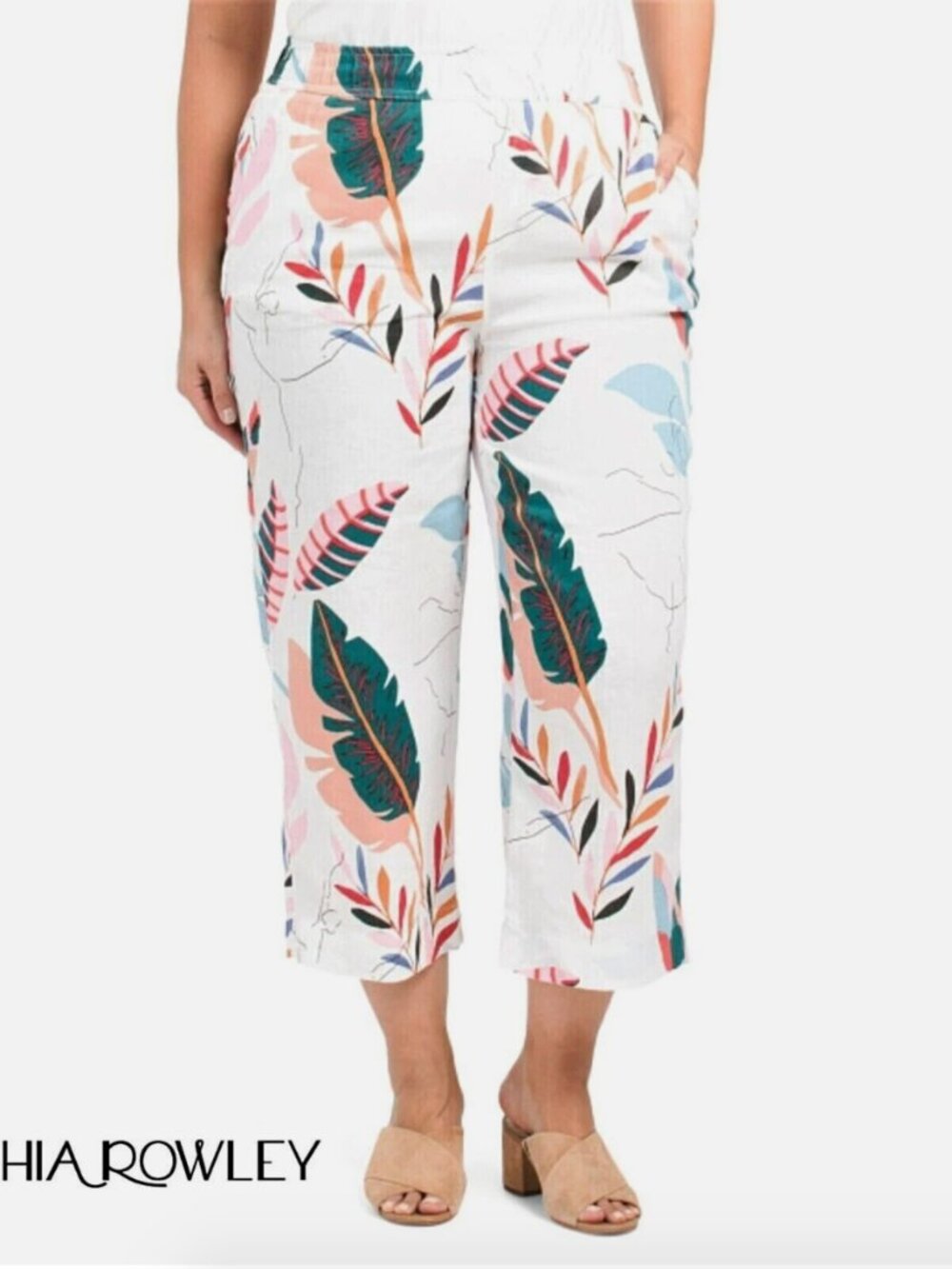 Cynthia Rowley Linen Pull-on Pants w/ Tropical & Floral Pattern - Size M